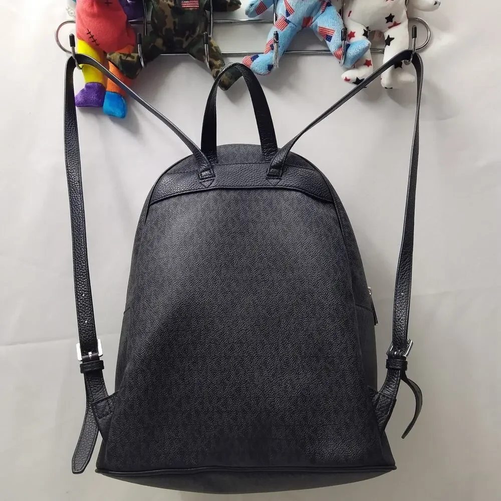 Michael Kors Black Coated Canvas Leather Trim MK Printed Zipper Backpack
